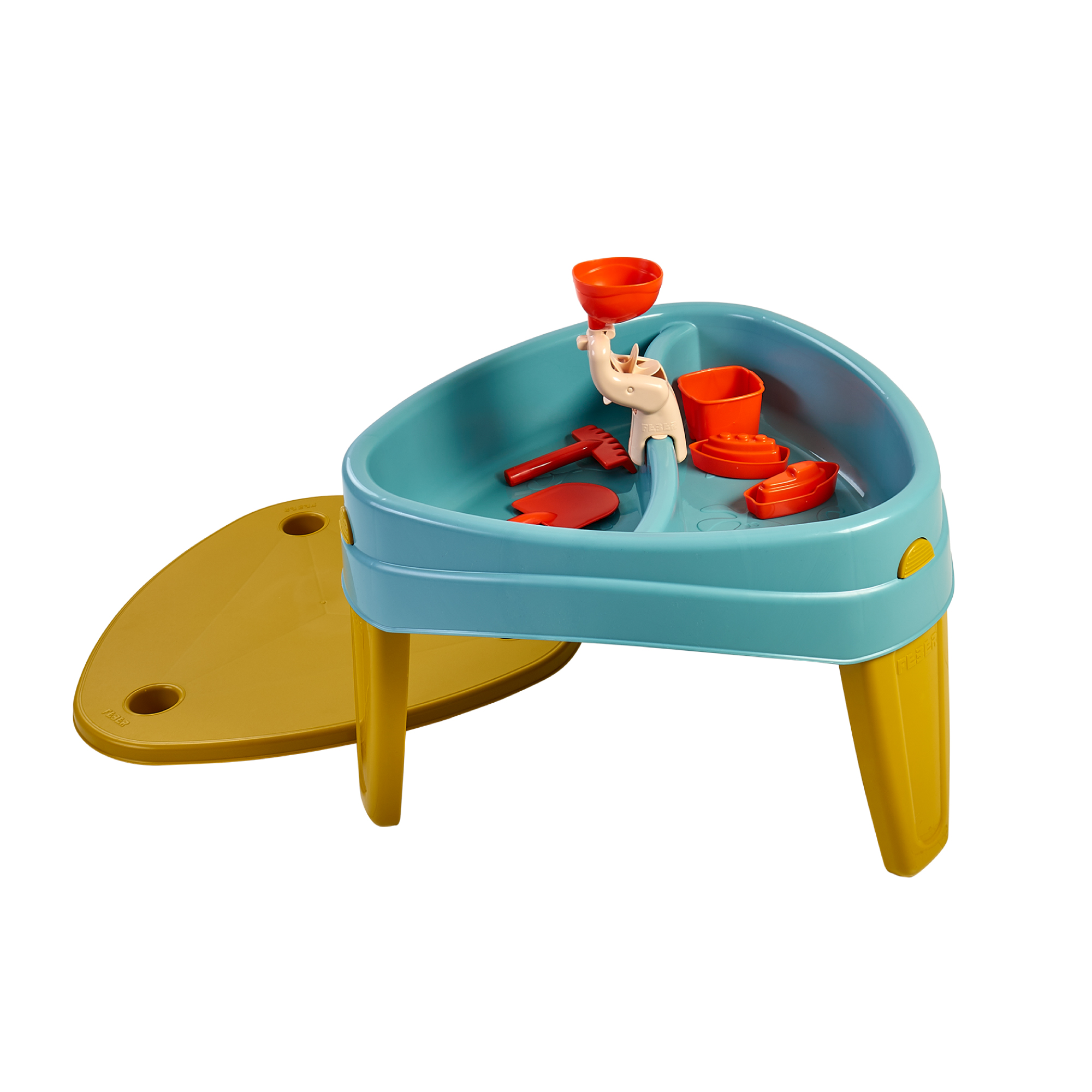 FEBER - Casual Play Table, Mesa de Juegos 3 en 1, Mesita Infantil para Jardín Exterior, 3 Compartimentos para Agua, Arena y Dibujos, Accesorios de Juego Incluidos, +2 años, Famosa (FEU14000)