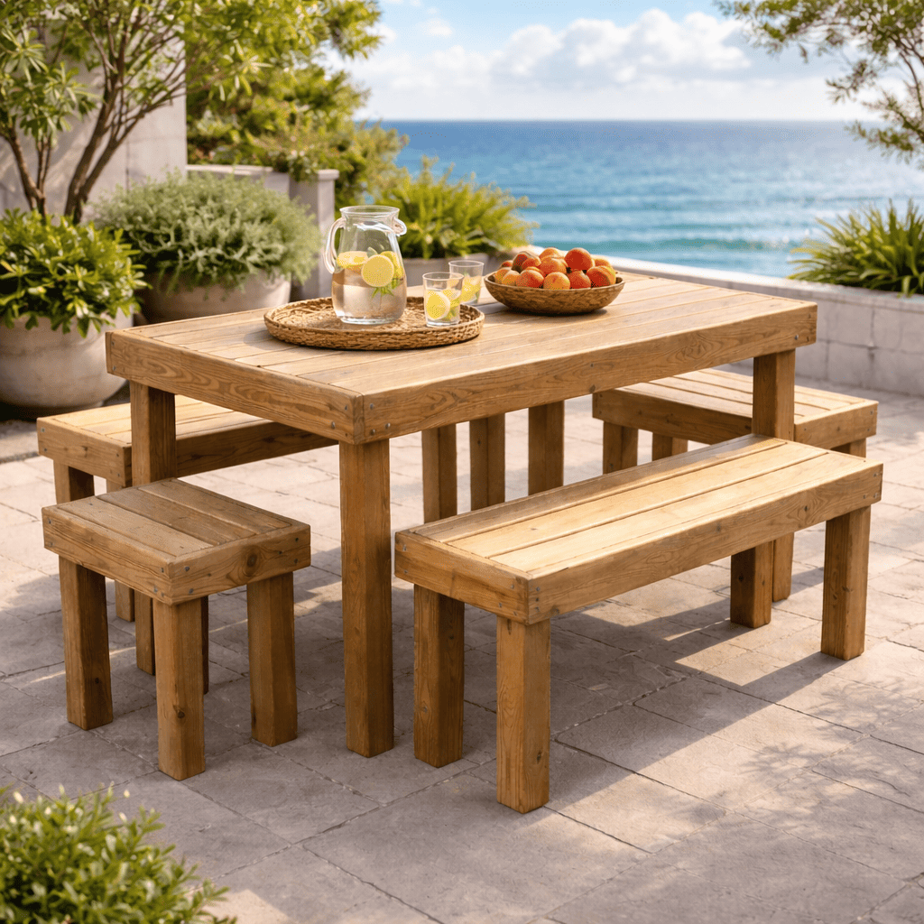 Vidahuerto Conjunto Mesa y 4 Bancos para Jardín en Madera de Pino Tratada para exterior | Korudeck
