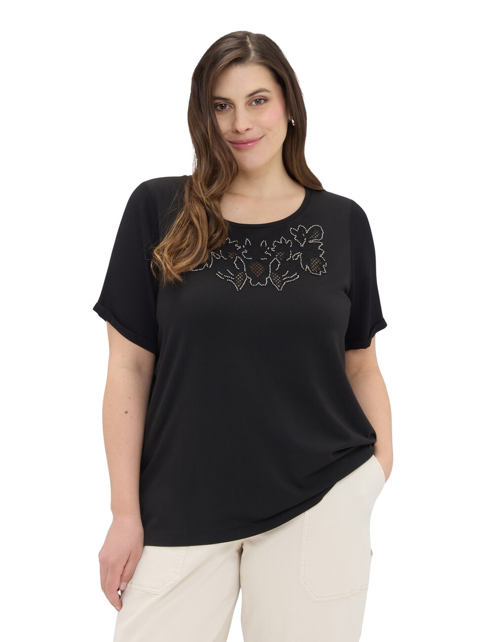 Fiorella Rubino - Camiseta bimaterial con bordado floral