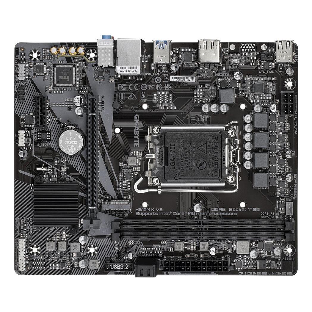 Gigabyte - Placa base H610M K V2 1700 para PC compatible con procesadores Intel 14ª y 13ª generación, soporte DDR5 hasta 5600 MHz y 128 GB, PCIe 3.0 M.2, USB 3.2 Gen 1, LAN Gigabit y Smart Fan 6