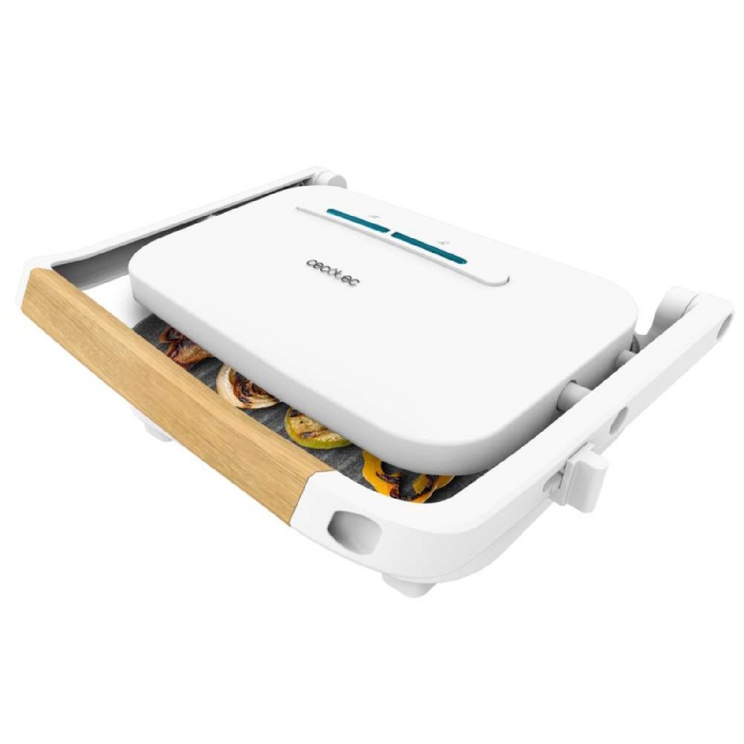 Cecotec Parrilla Eléctrica Rock'Ngrill 1300 Wood W. Potencia de 1300W, Diseño Blanco, Revestimiento Rockstone