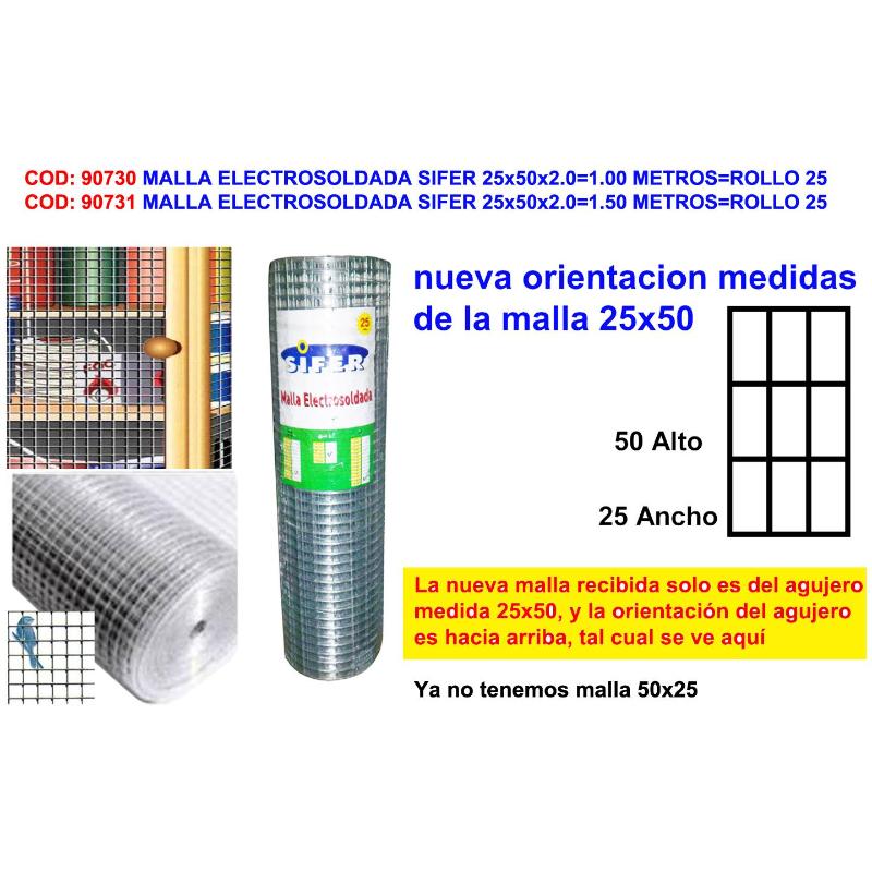 Malla electrosoldada sifer 25x50x2.0 1.00 metros rollo 25