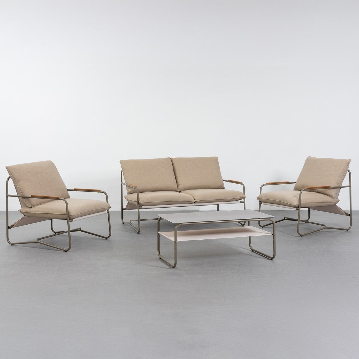 Conjunto de jardín Vesta con sofá, mesa y 2 sillones, desenfundable, de acero y cristal LOLAhome
