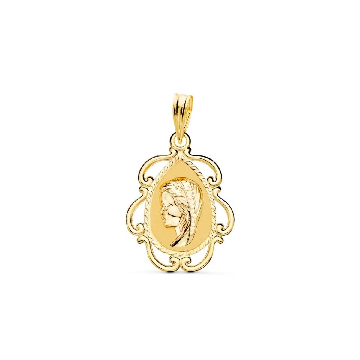Virgen Niña medalla oro 18k Primera Comunión colgante 22 mm. cerco calado formas