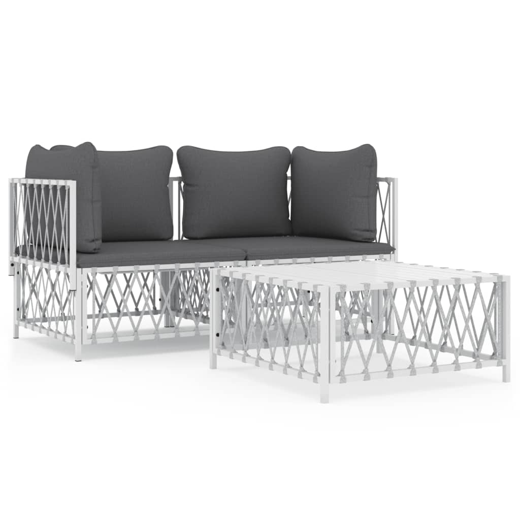 vidaXL Juego de muebles de jardín 3 piezas con cojines acero blanco