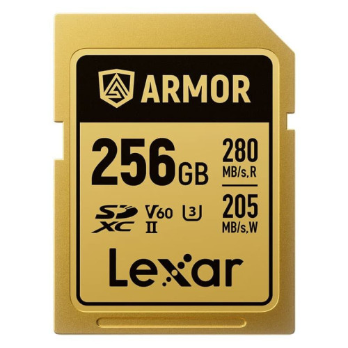 Lexar 256gb professional armor gold sdxc uhs-ii cards,  up to 280mb/s read 210mb/s write c10 v60 u3,stainless steel casing, ip68