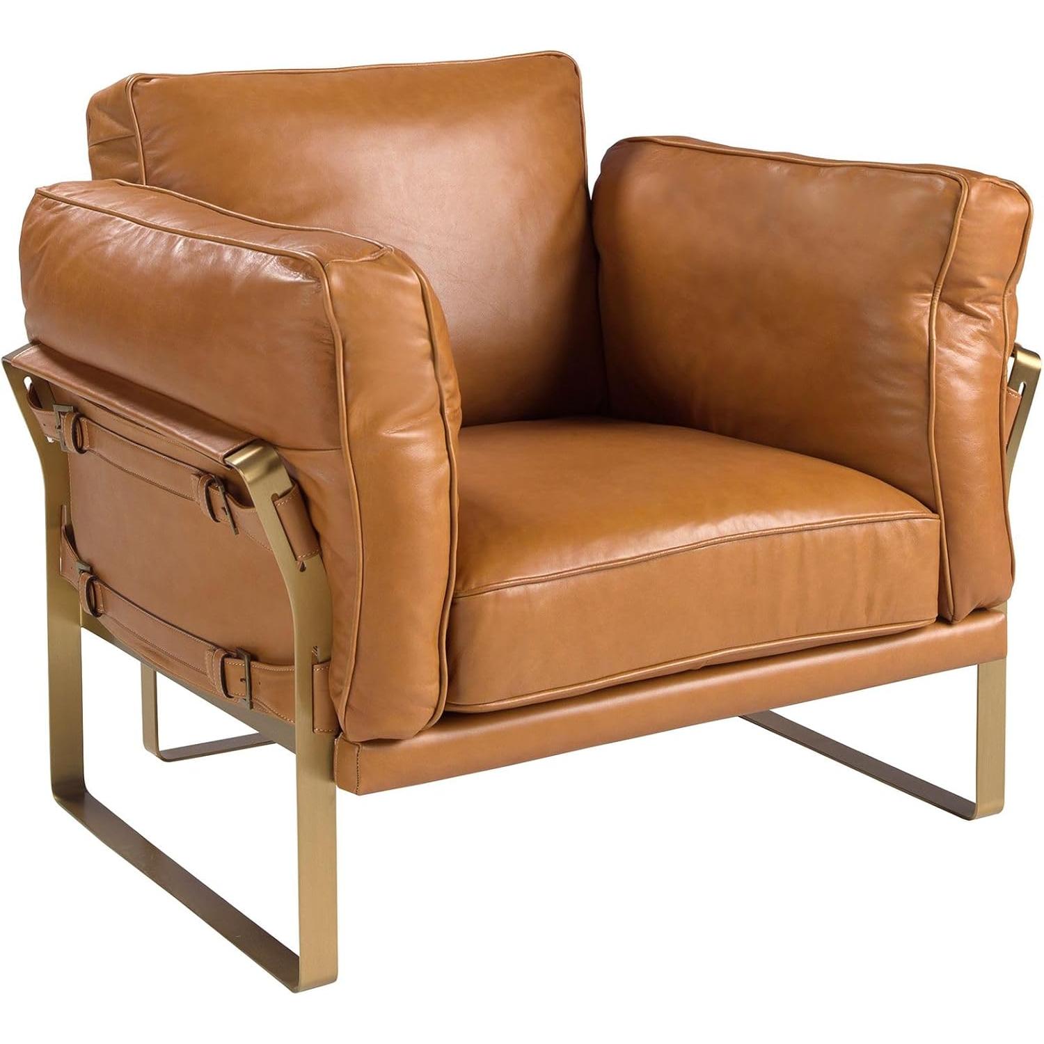 ANGEL CERDÁ - Sillón de Piel Camel con Detalles en Dorado - Sillón de Diseño Moderno con Patas de Acero - 97 x 88 x 82 cm