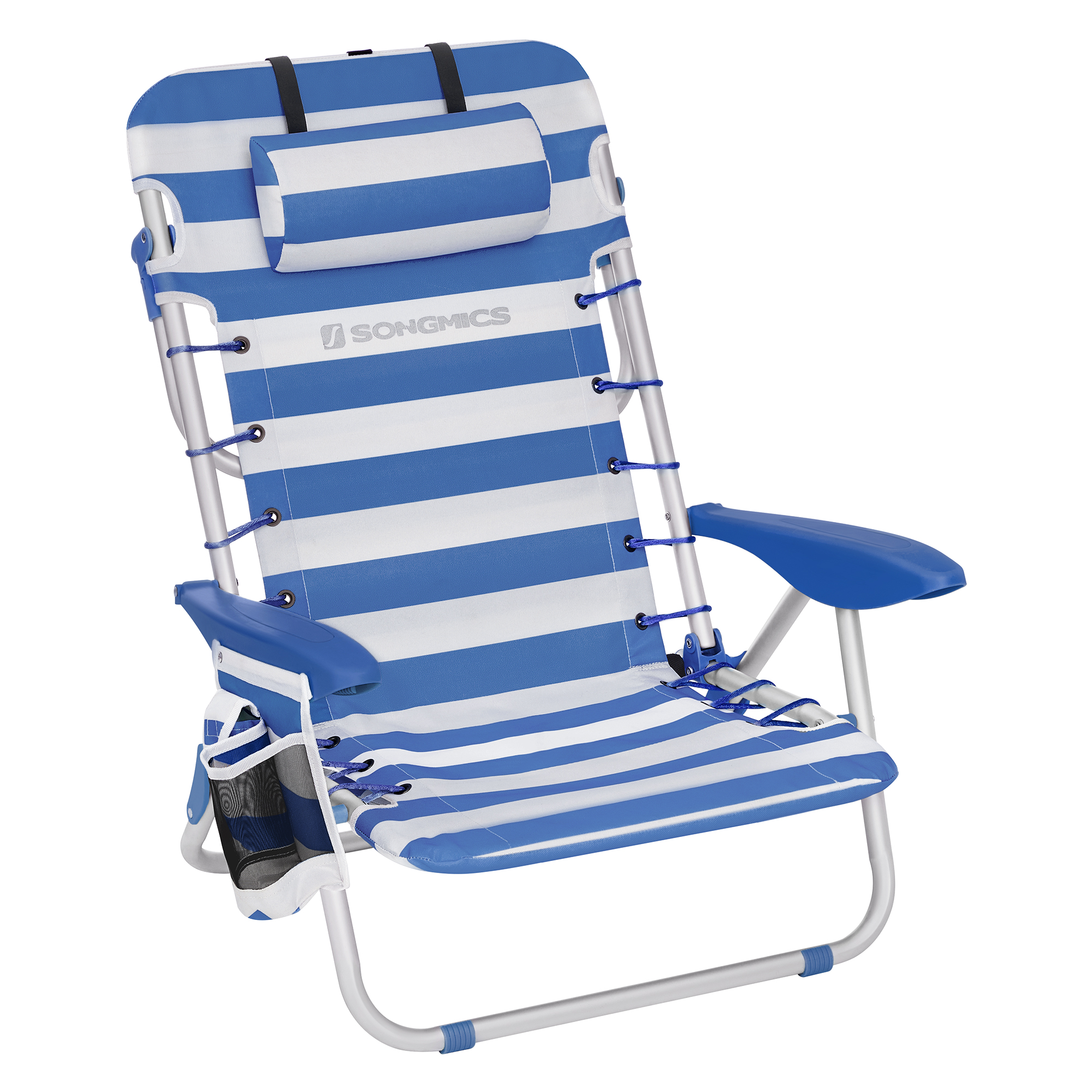 SONGMICS Silla de Playa, Silla de Camping, Silla de Exterior Portátil, con Correa de Hombro, Plegable, Respaldo Ajustable, Reposacabezas, Apoyabrazos, 2 Bolsillos Laterales, Azul y Blanco/Rojo y Blanco/Verde y Blanco