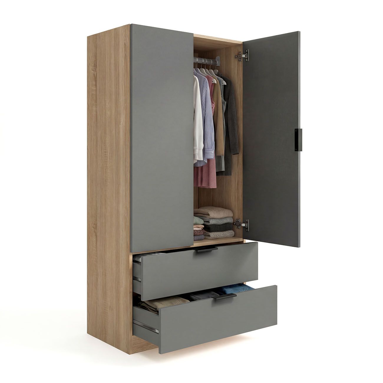 duehome - Armario de 2 puertas y 2 cajones Lark para dormitorio, fabricado en melamina de alta calidad, medidas 81,5x180x52 cm, diseño nórdico moderno con barra colgante y estantes integrados