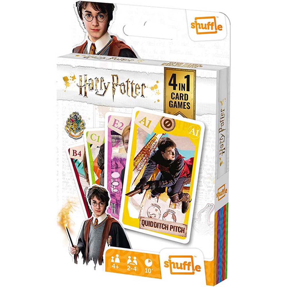 Fournier Cartamundi Shuffle Baraja de 33 cartas Harry Potter 4 juegos en 1 Juego mesa Jugar Cuartetos A partir de 4 años De 2 a 4 jugadores Partidas de 10 minutos Producto oficial Familia Amigos Camping Piscina Playa Cine Fantasía Multi idioma