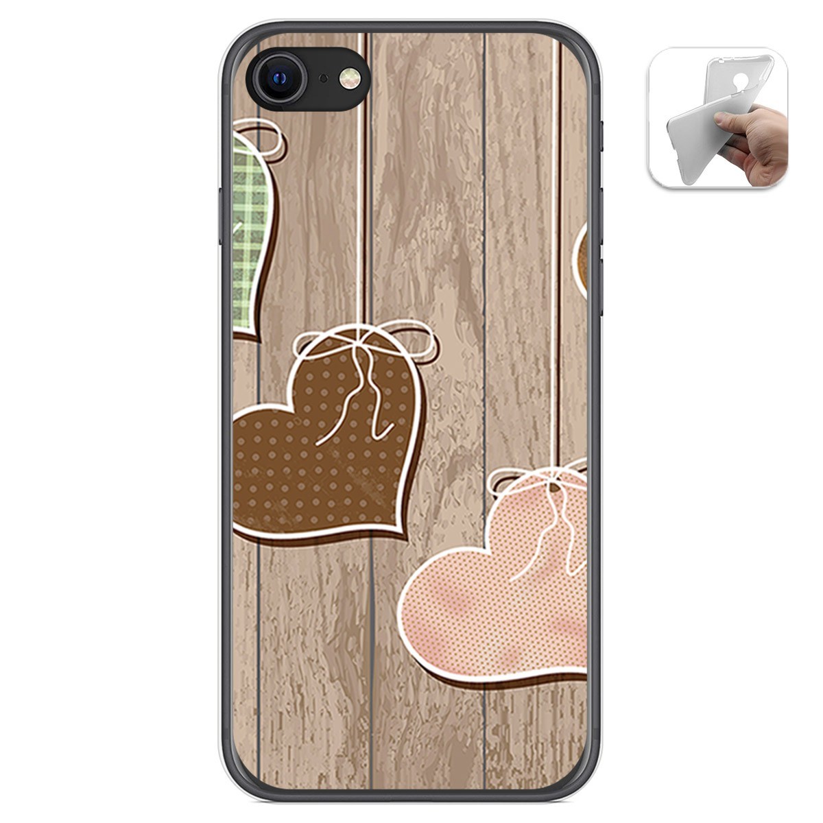 Tumundosmartphone Funda Gel Tpu para Iphone SE 2020 diseño Corazones Madera Dibujos