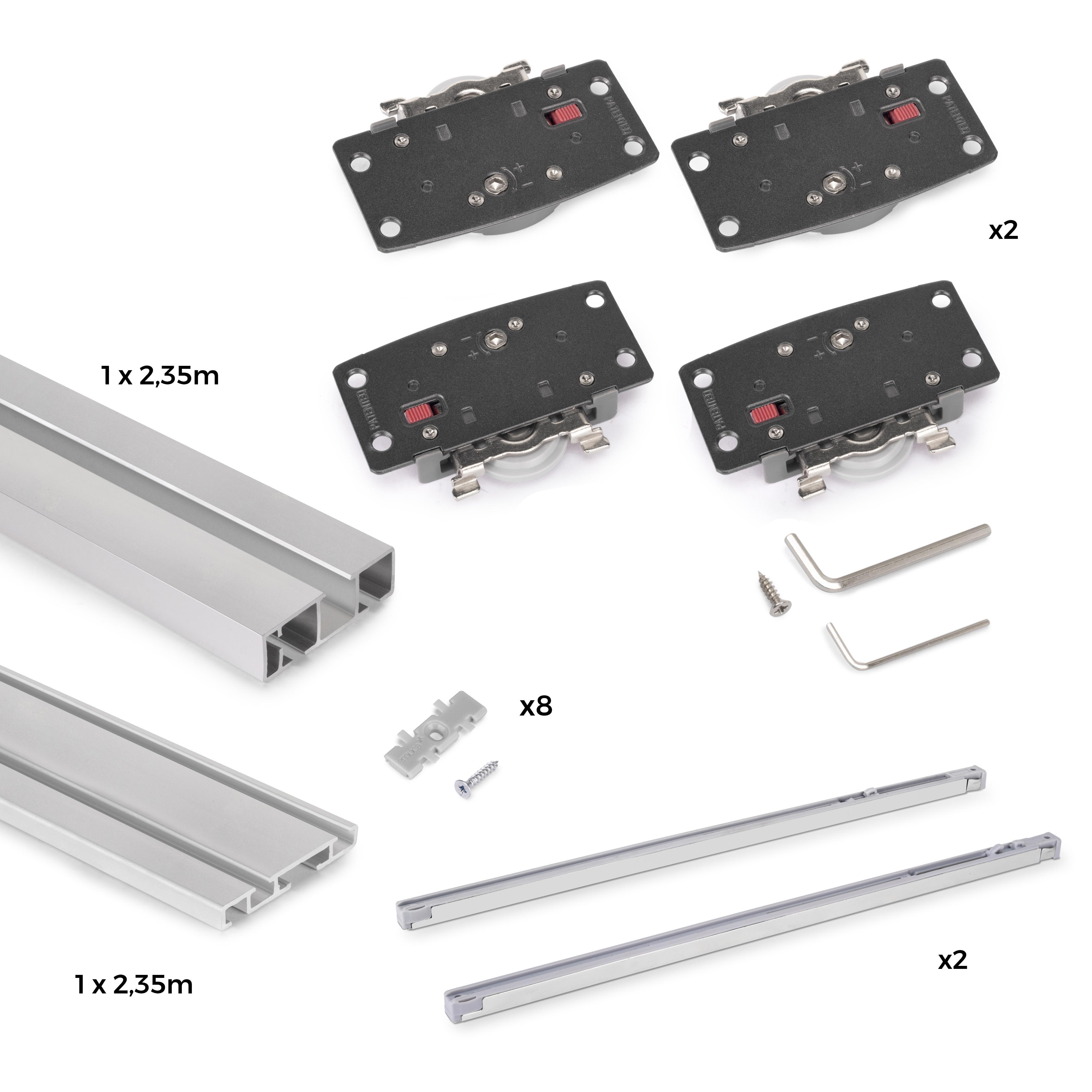 Kit de herrajes para armario 2 puertas correderas y cierre suave flow2 con carriles de superficie 2.35m, tableros no incluidos, anodizado mate