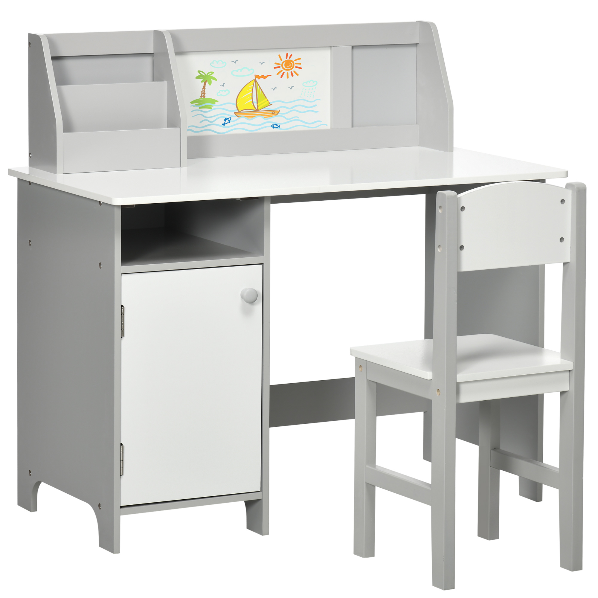 HOMCOM Juego de Mesa y Silla Infantil de Madera con Pizarra Blanca Mesa de Estudio para Niños de +5 Años Mueble Escritorio Infantil 90x45x85 cm