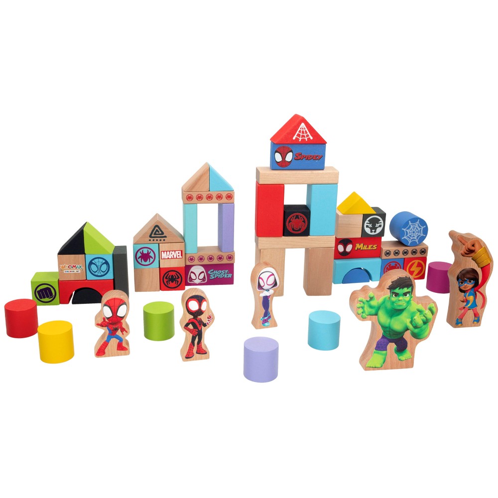 WOOMAX Spidey y su superequipo Juego de bloques de madera, Bloques de construcción madera para niños / Juego para construir castillos y murallas / Bloques de colores para jugar