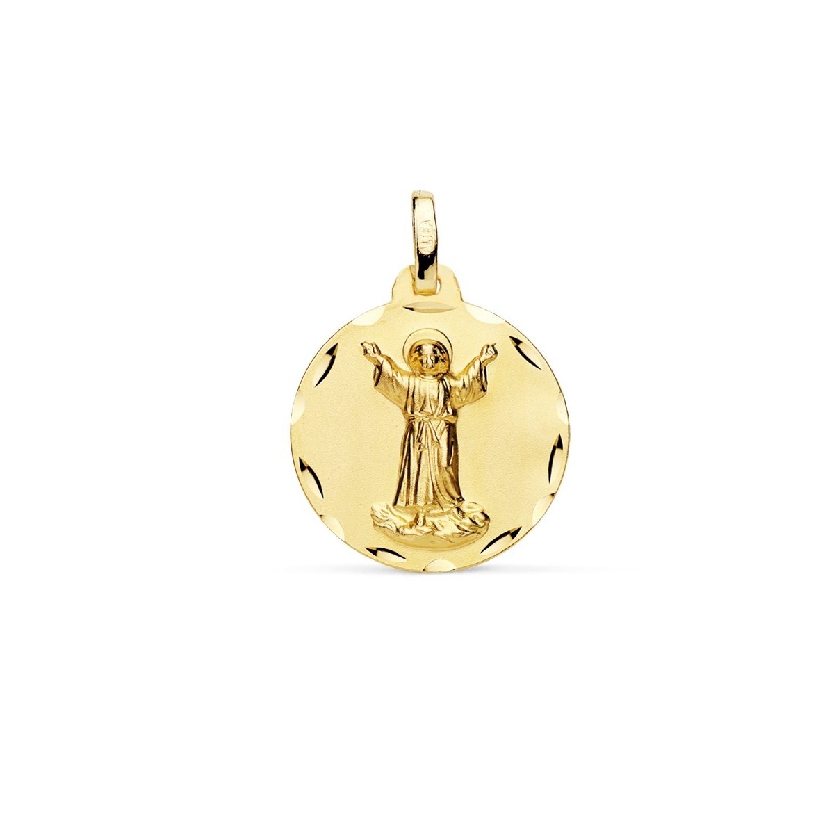 Medalla oro 18k Divino Niño Jesús 18mm. relieve lisa acabado matizado borde detalle tallado