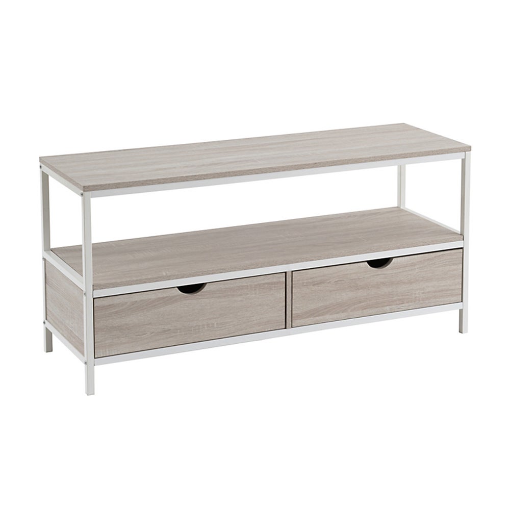 Lola Home Mueble TV  de acero y madera MDF en blanco y naturalde 2 cajones de 120x39x57 cm