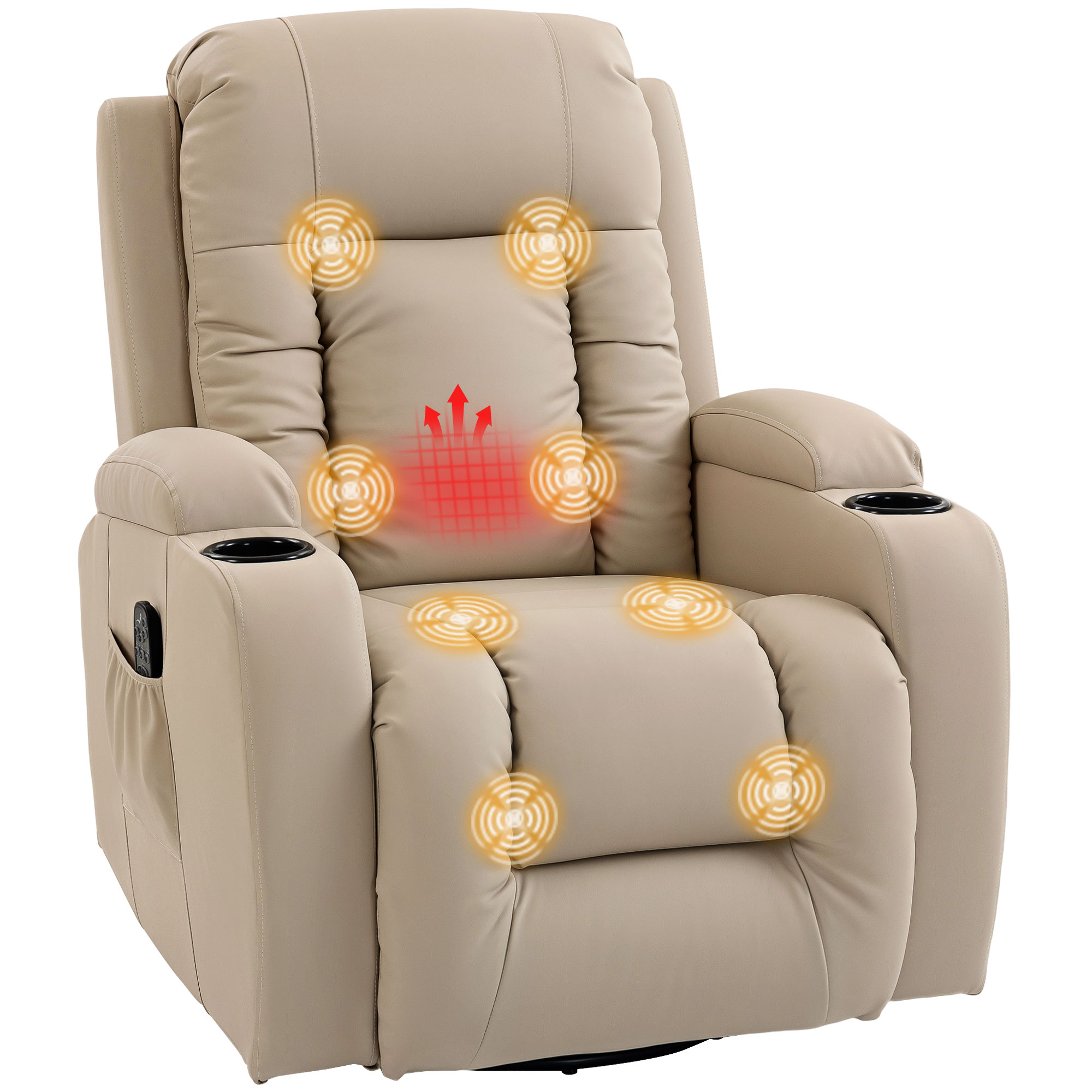 HOMCOM Sillón de Masaje Giratorio, Sillón Relax Reclinable con 8 Puntos de Masaje, Función Calefacción Lumbar, Mando a Distancia, Tapizado en PU, Reposapiés, Bolsillo Lateral, Función Basculante Crema