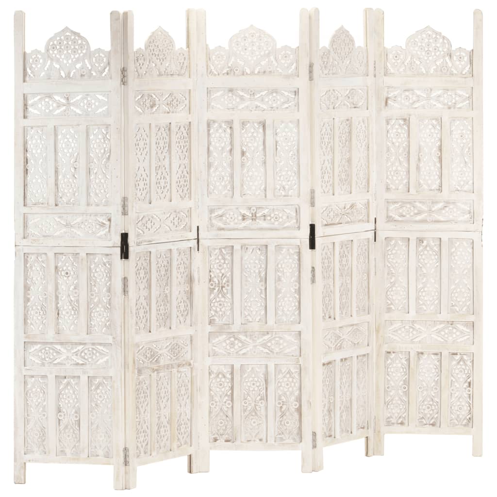 vidaXL Biombo 5 paneles tallado a mano madera mango blanco 200x165 cm