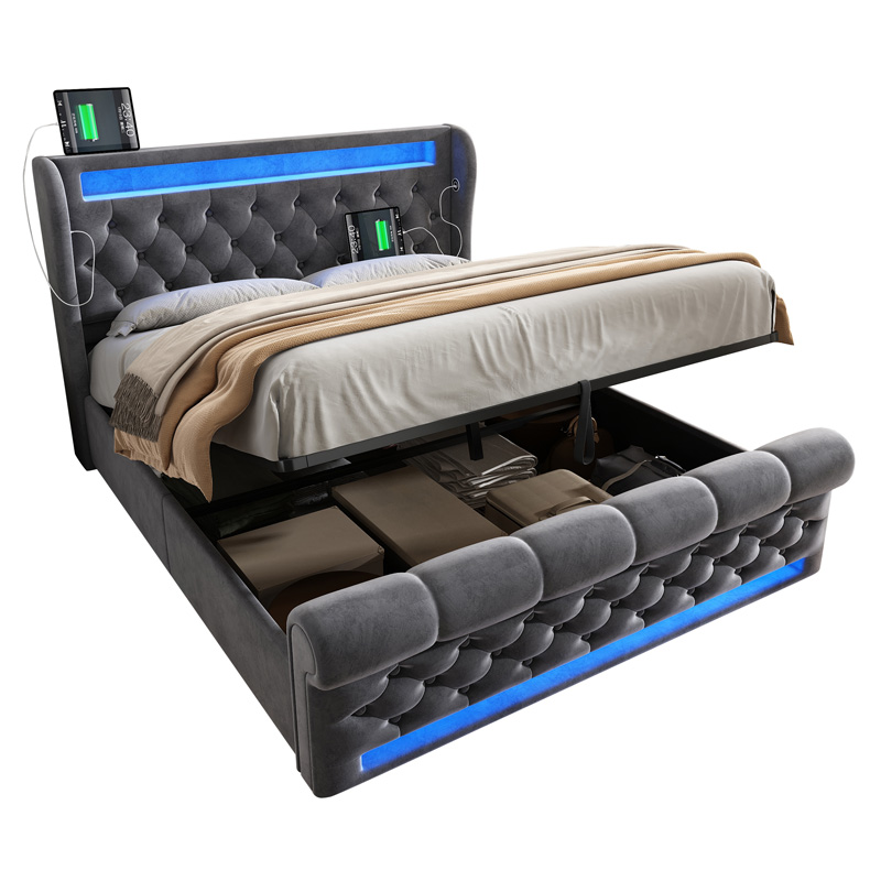 Lit double rembourré gris 140 x 190 cm avec LED, rangement hydraulique et ports USB Type-C