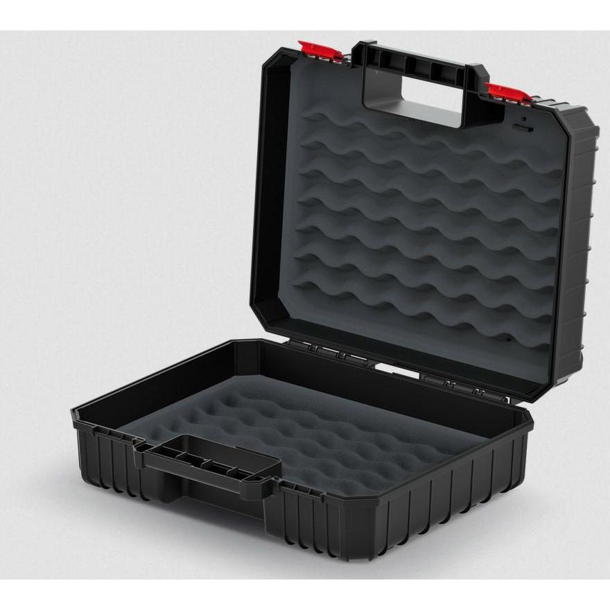 Kistenberg hard case for power tools, durable and impact resistant, foam-filled with dimensions 384 x 335 x 144 mm, ideal for electronic storage and tool organization.