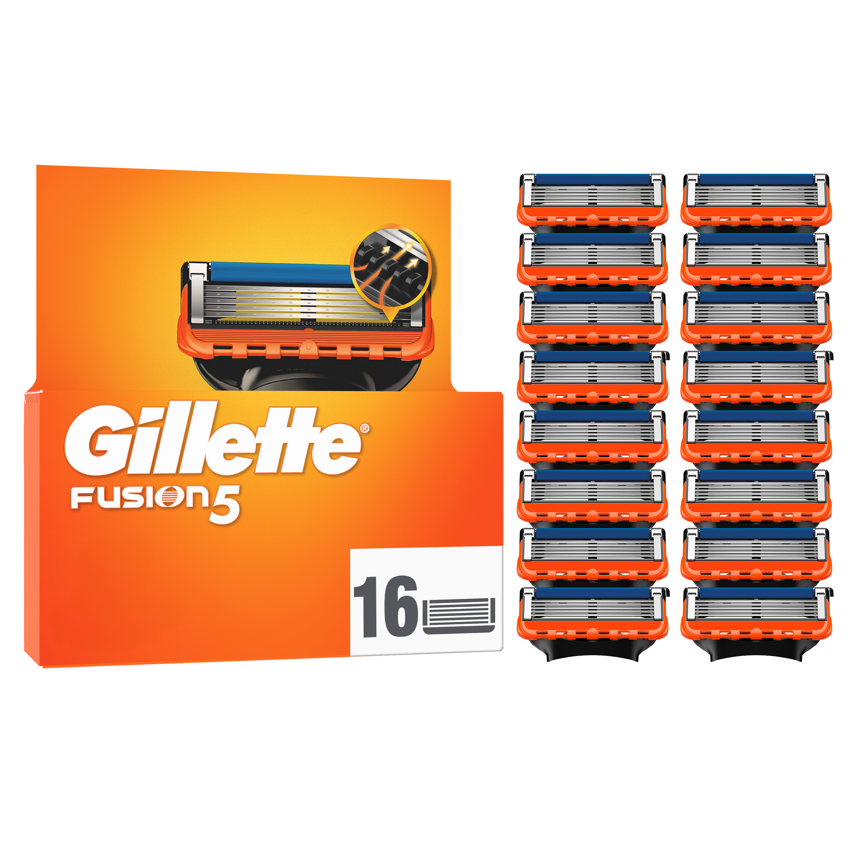 Gillette Fusion5 Pack de 16 Recambios Para Maquinillas De Afeitar, Cuchillas De Afeitar Con 5 Hojas, Banda De Gel Lubricante y Recortadora De Precisión