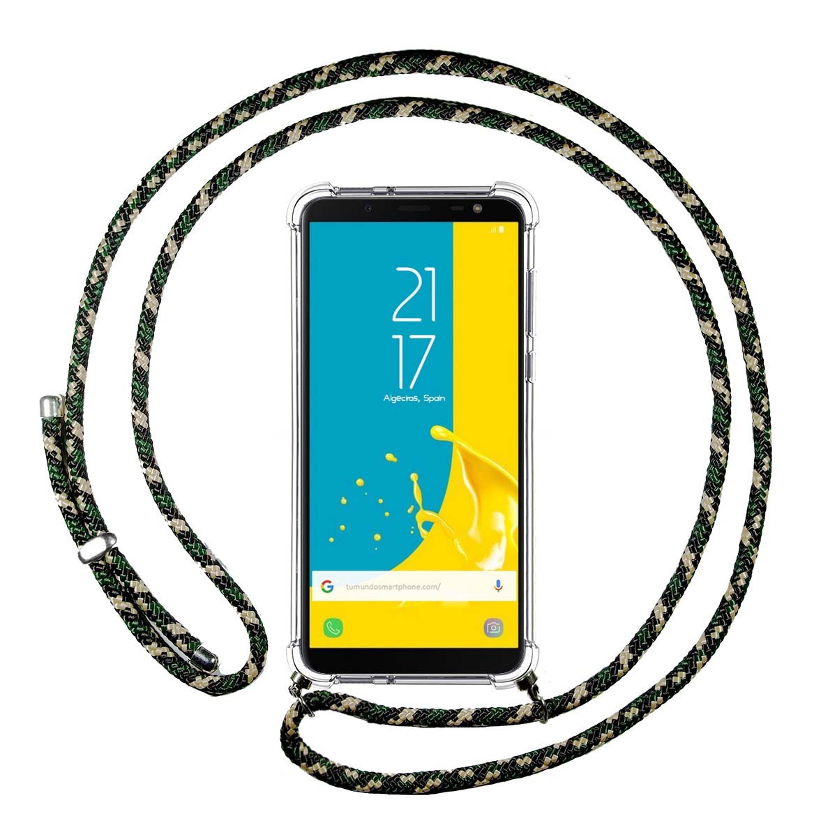 Tumundosmartphone Funda Colgante Transparente para Samsung Galaxy J6 (2018) con Cordon Verde / Dorado
