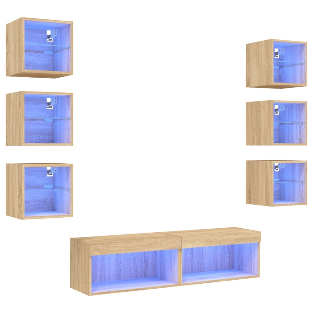 Vidaxl Mueble TV Pared con LED 8 Piezas Madera Ingeniería Roble Sonoma