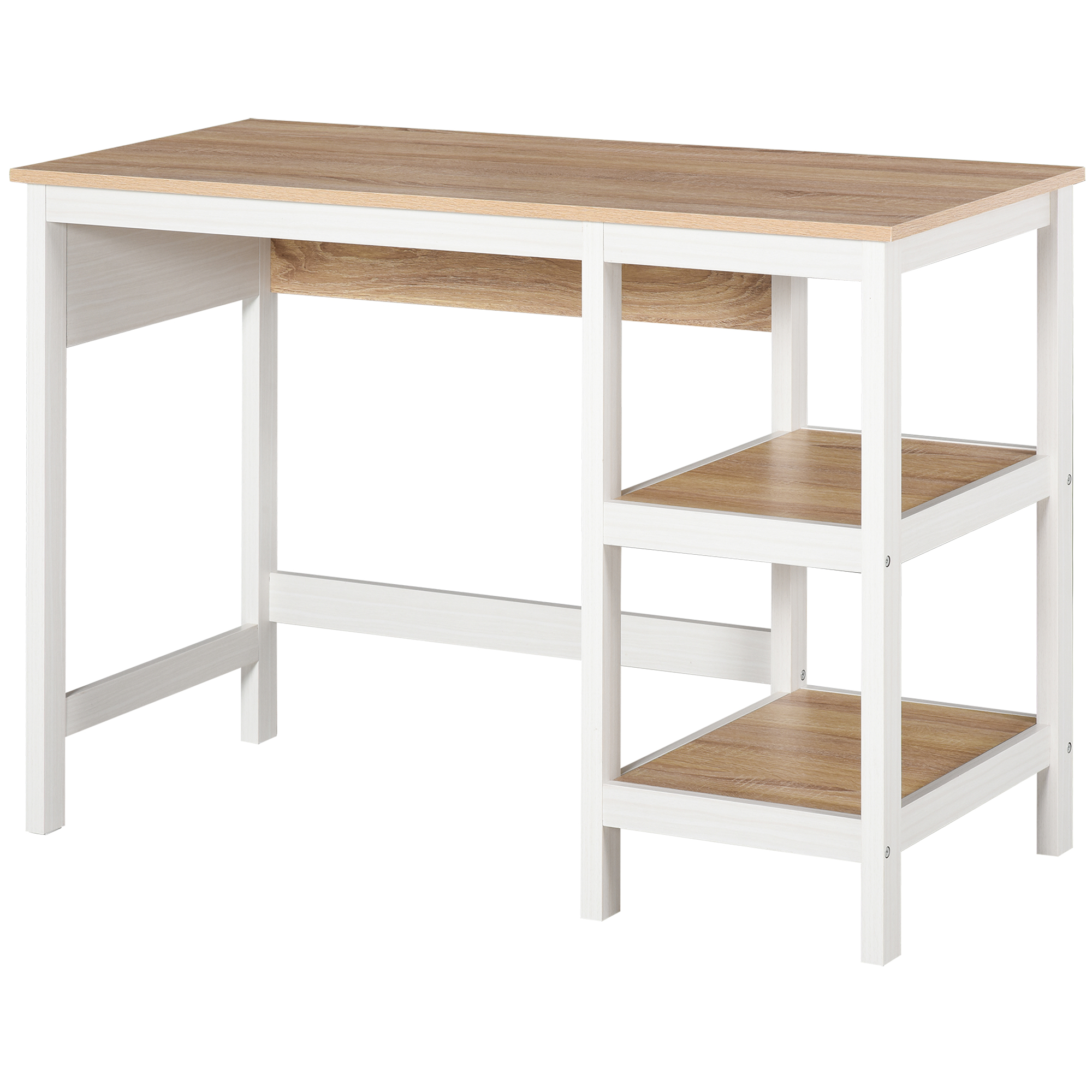 HOMCOM Escritorio multimedia dim. 110L x 48W x 76H cm 2 estantes laterales MDF E1 roble claro Blanco
