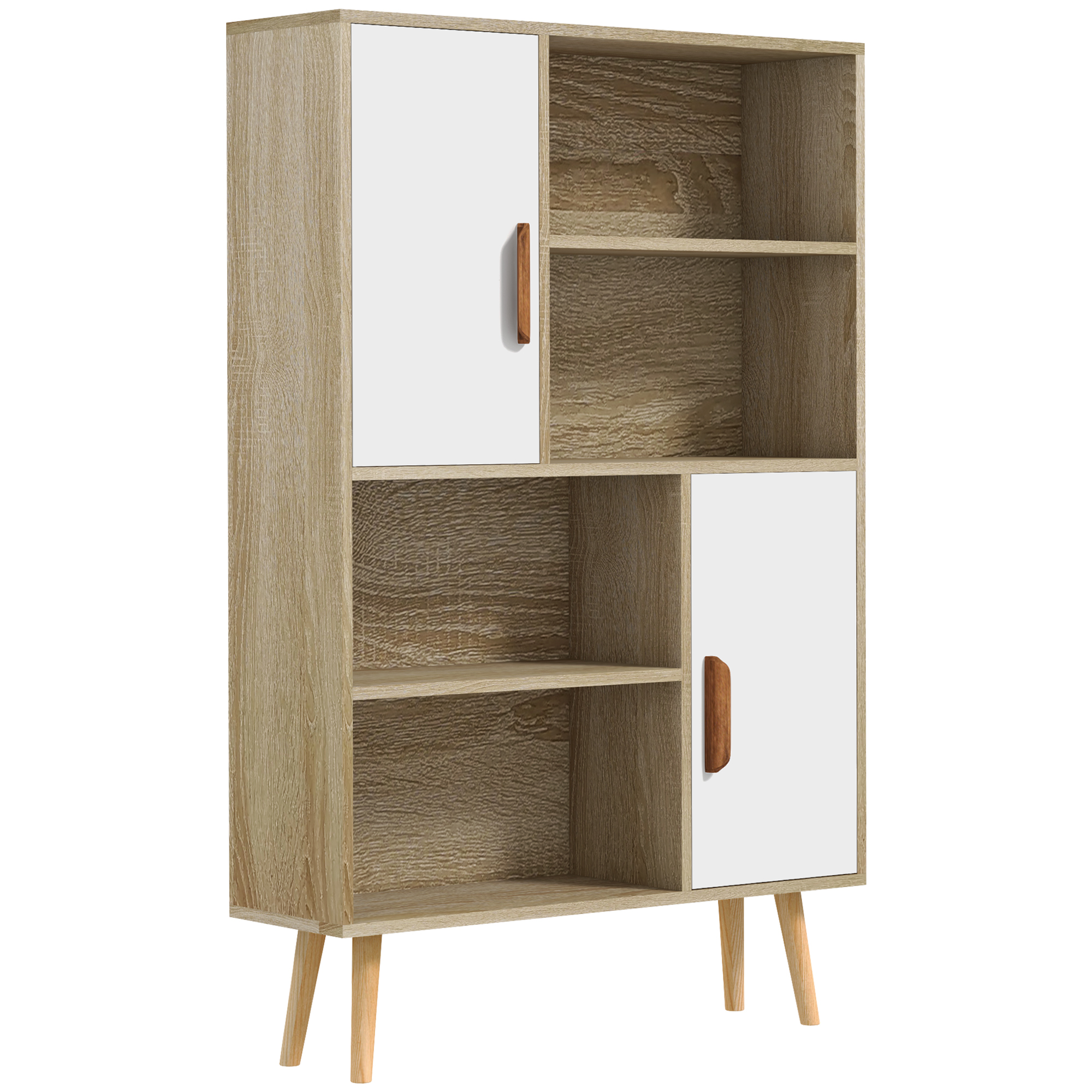 HOMCOM Librería escandinava 4 nichos + 2 armarios con estantes dim. 80L x 24L x 123H cm Patas cónicas inclinadas Madera maciza de roble