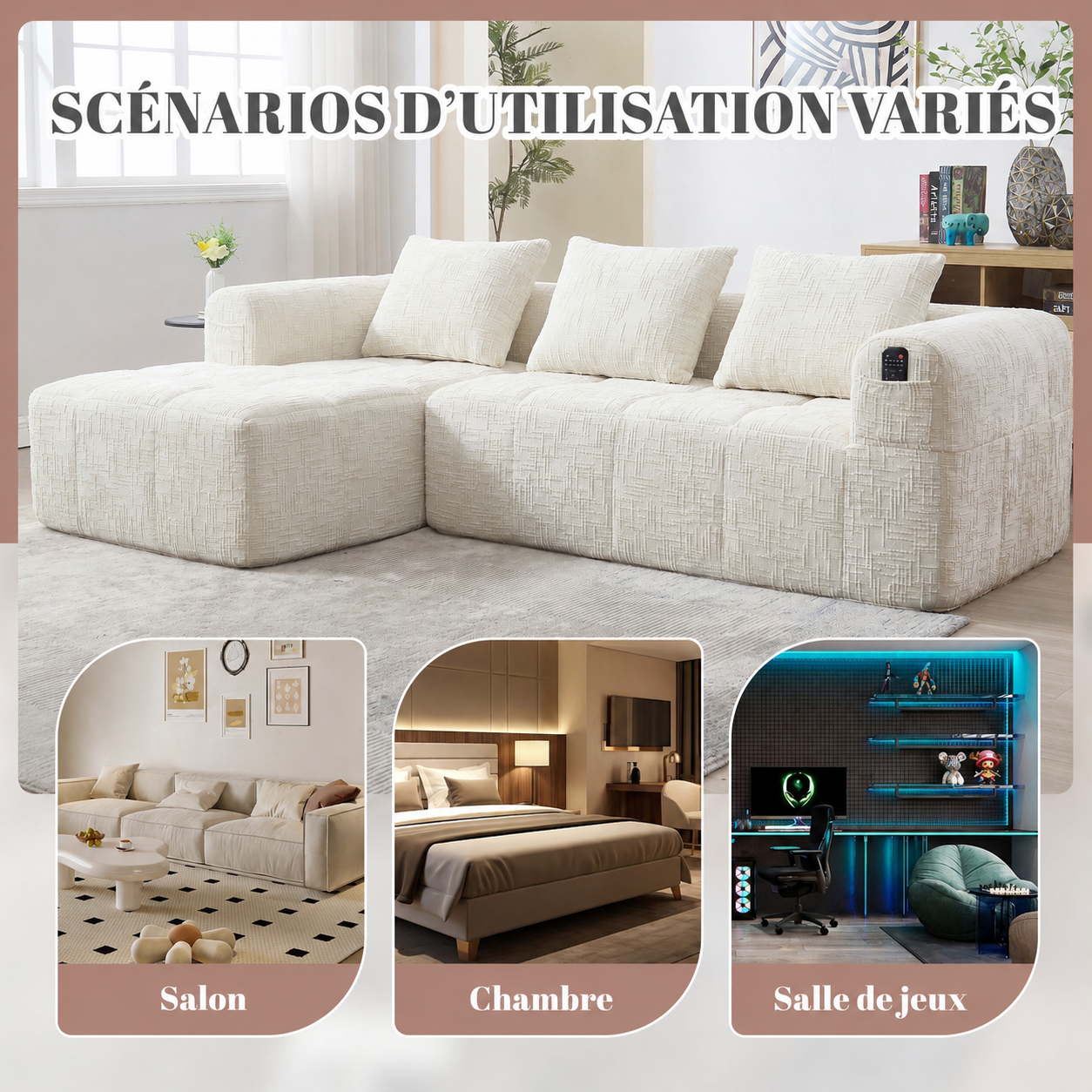 Canapé d’angle 3 places beige en chenille avec méridienne, 3 coussins et poches latérales