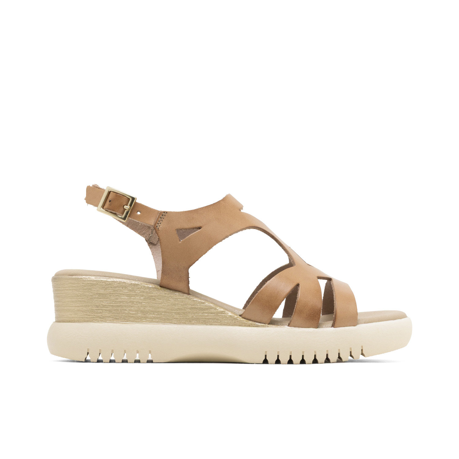 Elegante Sandalia de Cuña Piel Estela Taupe con Diseño Geométrico, Cuña de 5 cm y Plataforma de 3 cm, Fabricada en España. Plantilla Acolchada de Piel para Máximo Confort y Suela Antideslizante para E