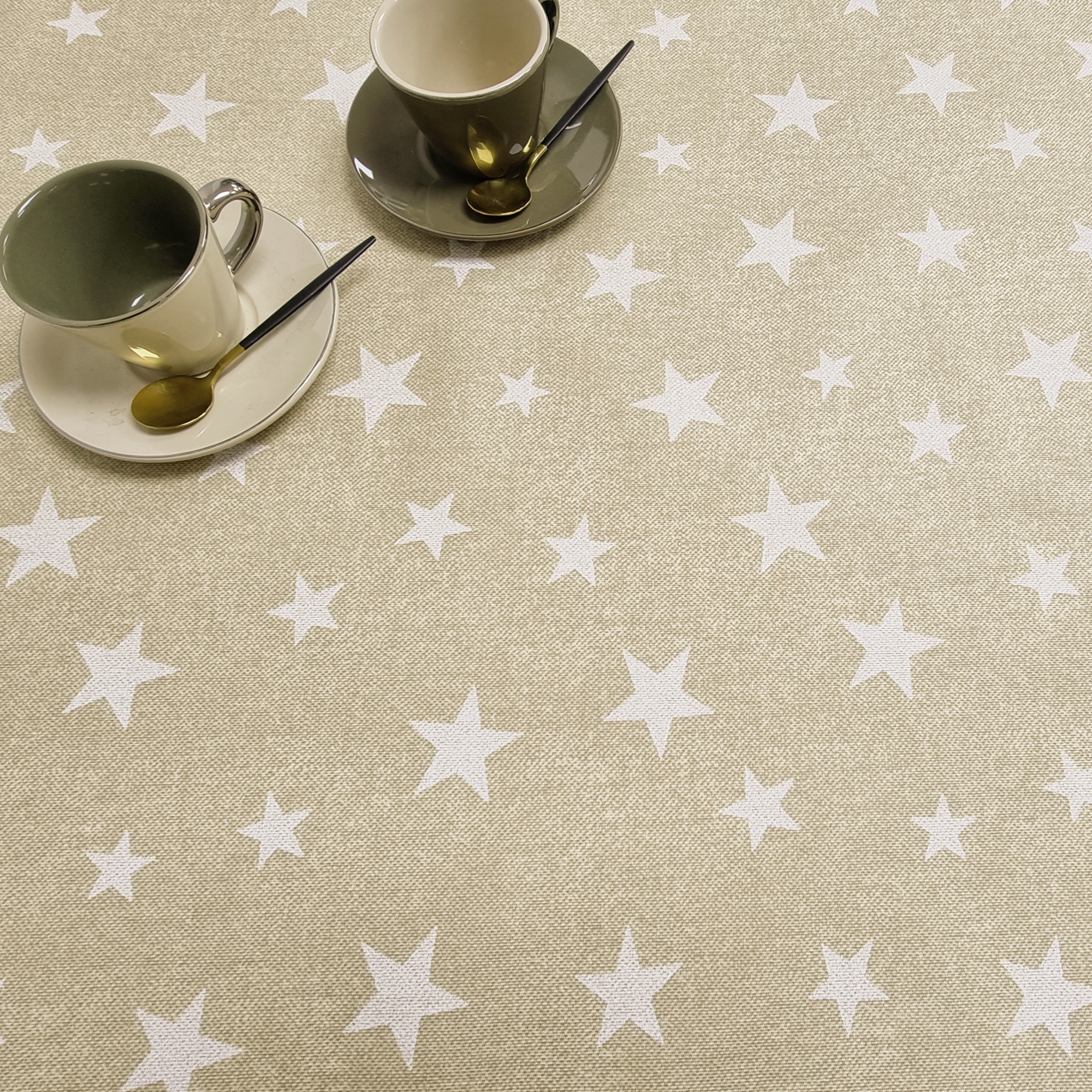 Mantel de tela resinada suave, rectangular, impermeable y fácil de limpiar, con diseño de estrellas beige, ideal para cocina, comedor, salón, balcón, jardín y picnic