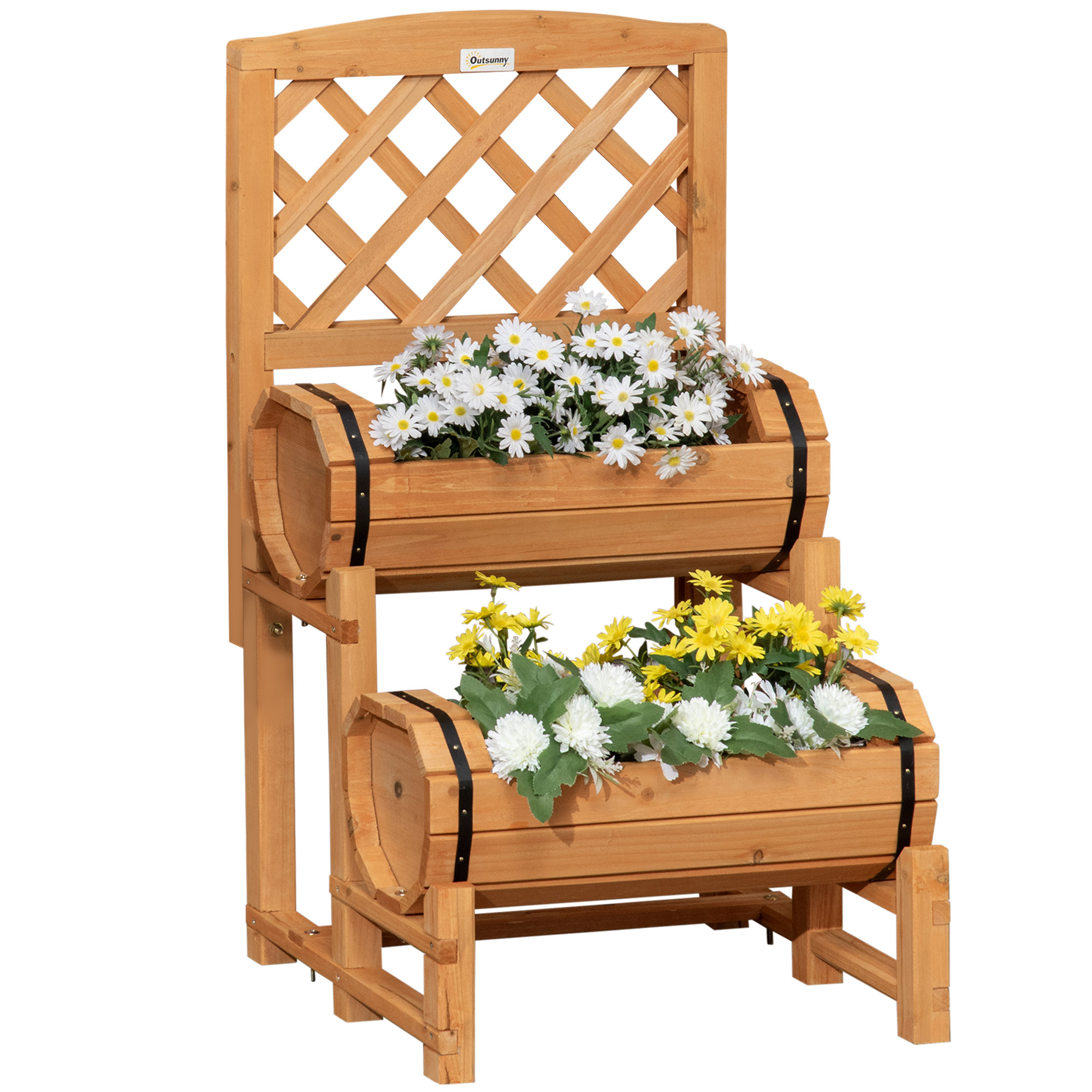 Outsunny Arriate de Jardín con Enrejado Tipo Barril con 2 Macetas Macetero con Soporte para Trepadora Cultivos Plantas Flores para Patio Terraza Balcón 45x45x80 cm Natural