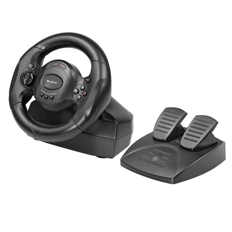 Tracer Rayder 4 in 1 Black Steering Wheel for PC, PS4, and Xbox One with CE certification, compatible with various platforms for an enhanced gaming experience.