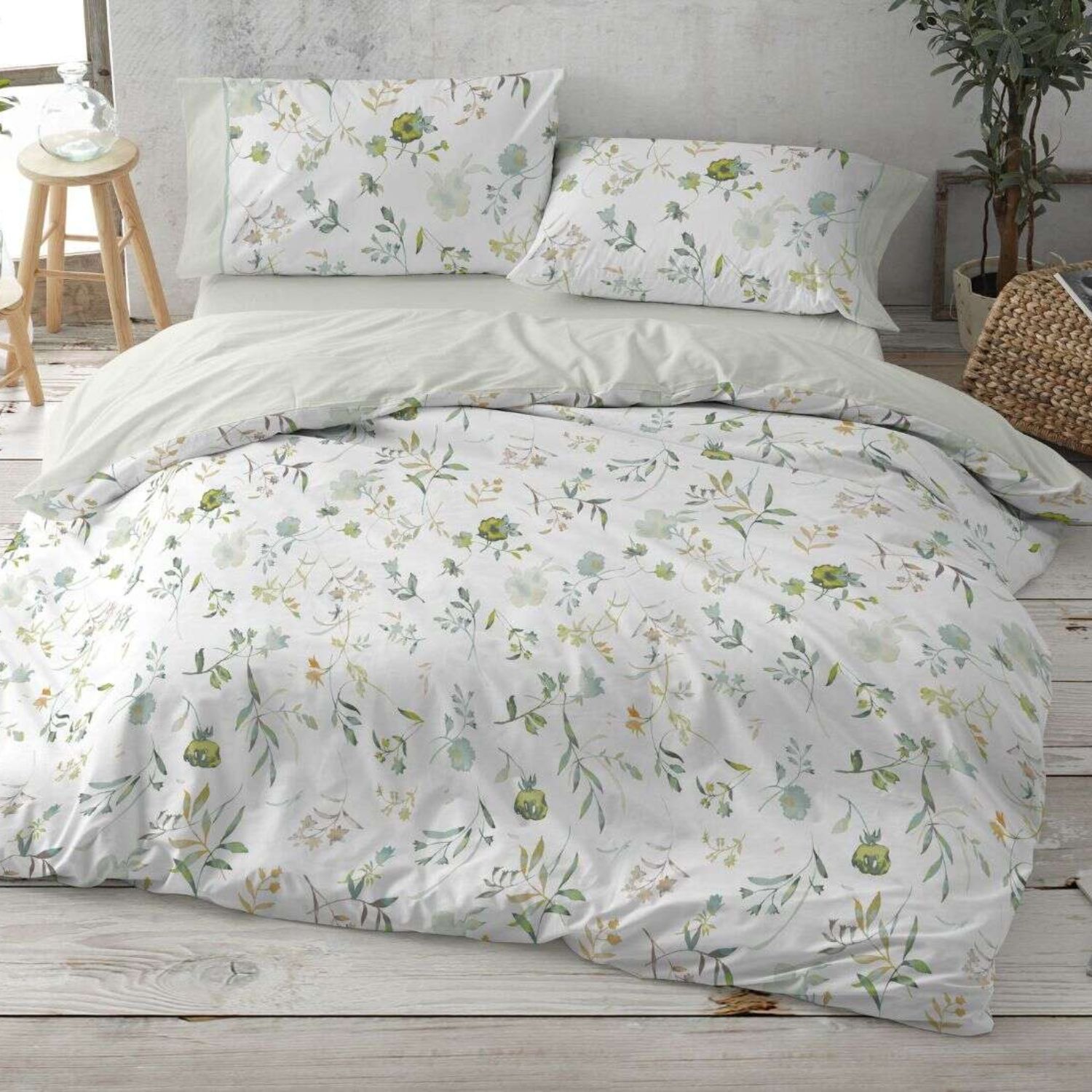 Funda Nórdica BURRITO BLANCO 50% Algodón Diseño Flores Acuarela Menta - Tacto Suave, Fácil Planchado, Alta Durabilidad - Cama 90-200cm