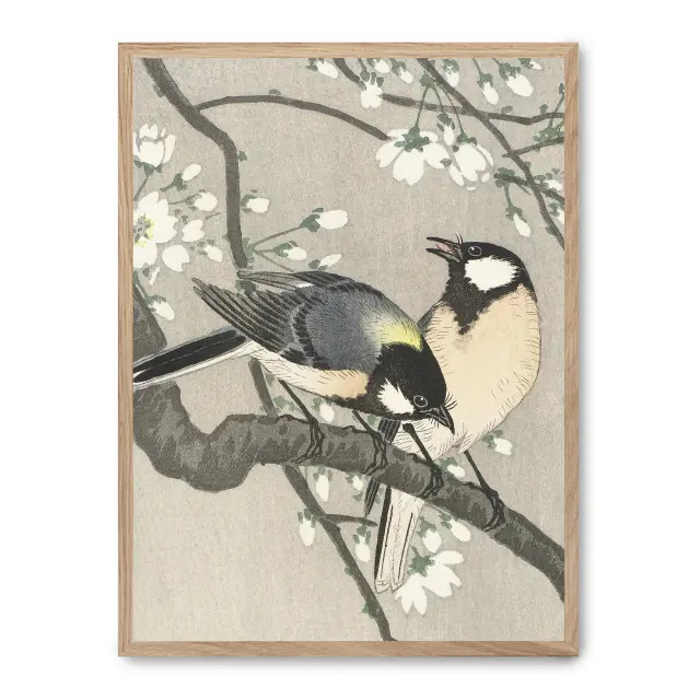 Cuadro spring birds 30x40cm, Póster impreso en papel de primera calidad de 180gr, montado sobre marco de madera MDF acabado roble., Arte - Japonés