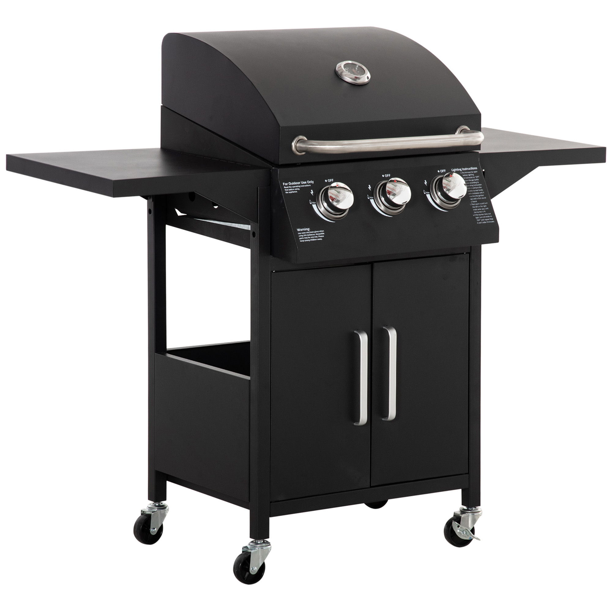 Outsunny Barbacoa de Gas con 3 Quemadores 8,7 KW Termómetro 2 Parrillas de Gas con 2 Mesas Laterales Armario de 2 Puertas 4 Ruedas y Frenos Acero al Carbono para BBQ 121x55x109 cm Negro