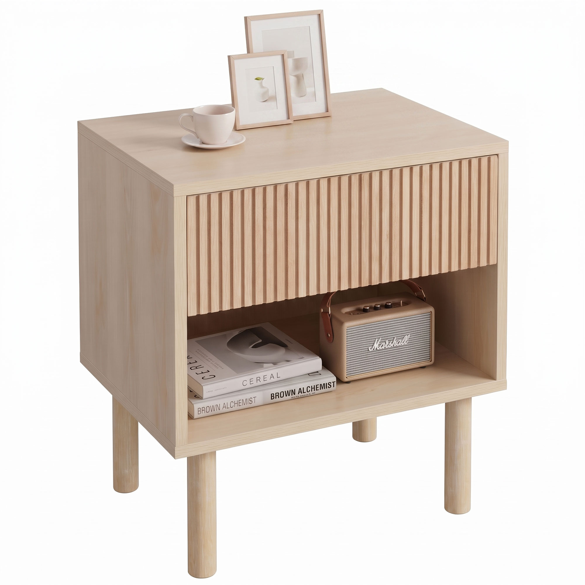HOMCOM Mesita de Noche, Mesilla de Noche con Cajón y Estante Abierto, Estilo Moderno, Mesita Auxiliar para Dormitorio, Salón, 47x47x50 cm, Madera Natural