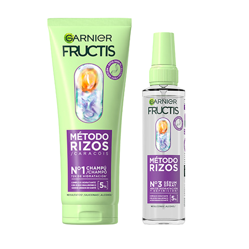 Garnier Fructis Método Rizos Champú, Pre-Champú, Mascarilla y sérum para Rizos Hidratados durante 72h