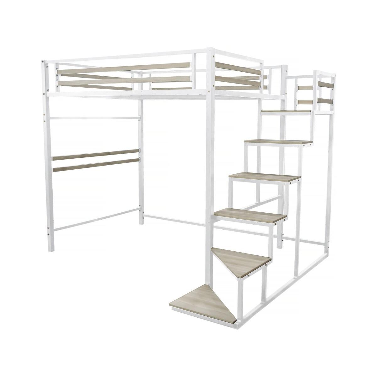 Habitat y Jardin - Cama alta de metal con escalera "LENA" - 140 x 200 cm - Blanco