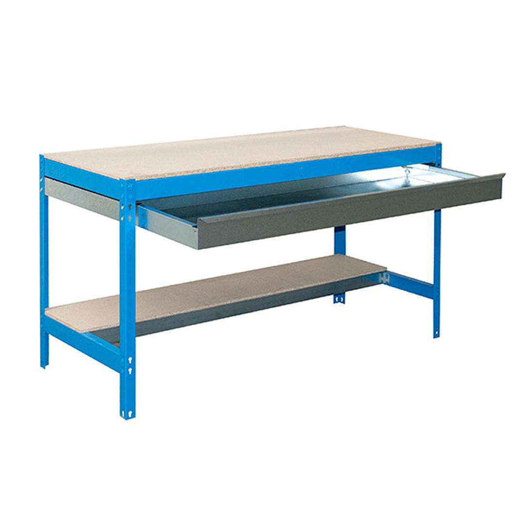 SimonRack Banco de Trabajo Taller, Capacidad Carga 600 kg, 842x1210x760 mm, Mesa de Trabajo, 1 Cajón, Azul/Madera - BT0