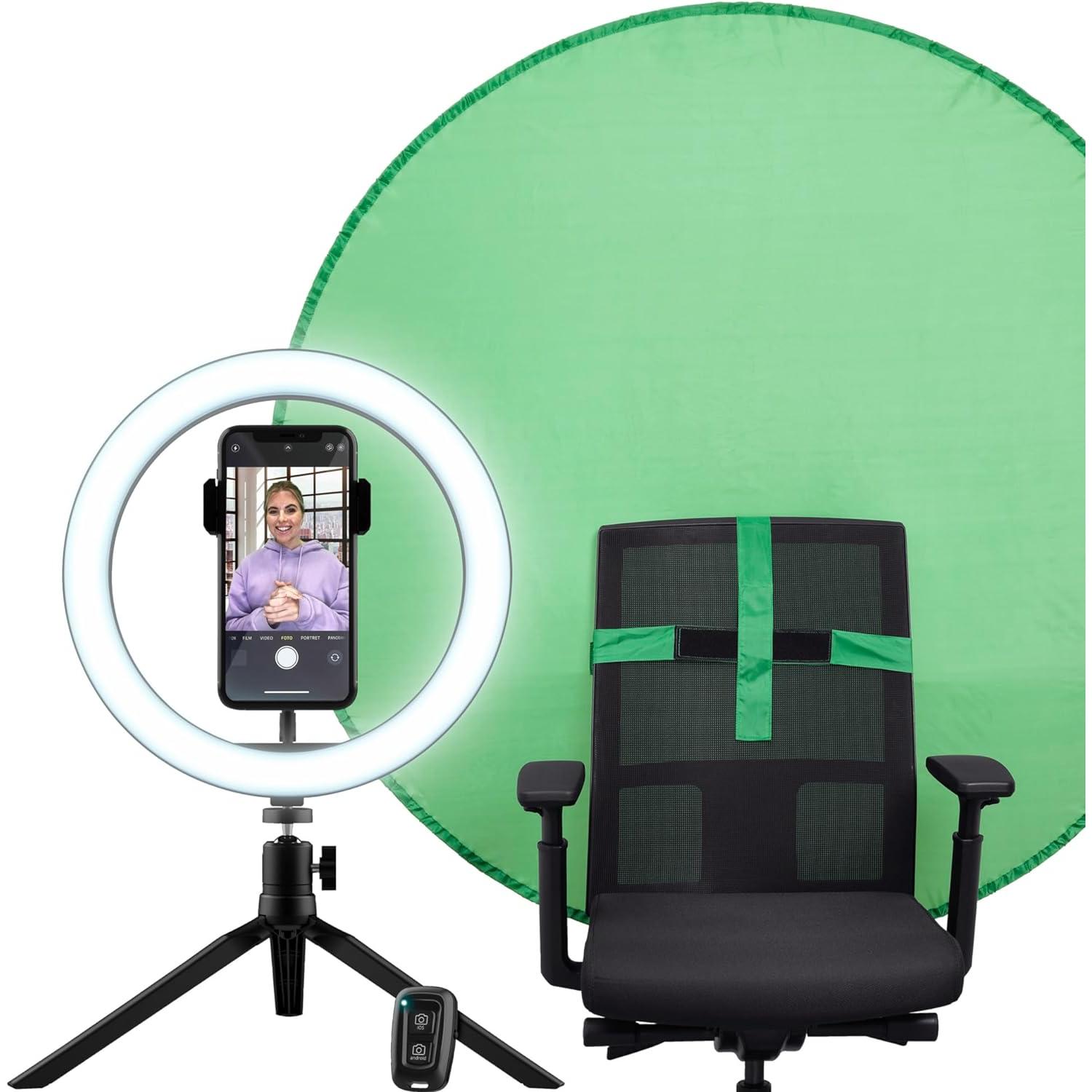 Trust Maku+ Aro de Luz 10" con Green Screen, Fondo Fotográfico Verde, Anillo de Luz con Trípode y Soporte para Móvil, Control Remoto Bluetooth,  Selfie,  TikTok,  Youtube,  Maquillaje,  Fotografía