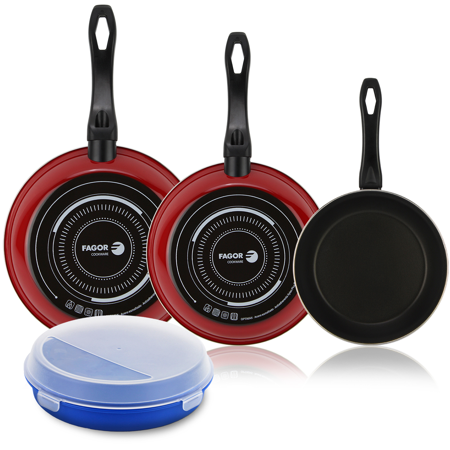 Fagor Optimax - Juego de Sartenes Rojas 20+24+28cm + Taper, Antiadherente Bicapa, Acero Esmaltado, Todas las Cocinas, Lavavajillas, Inducción