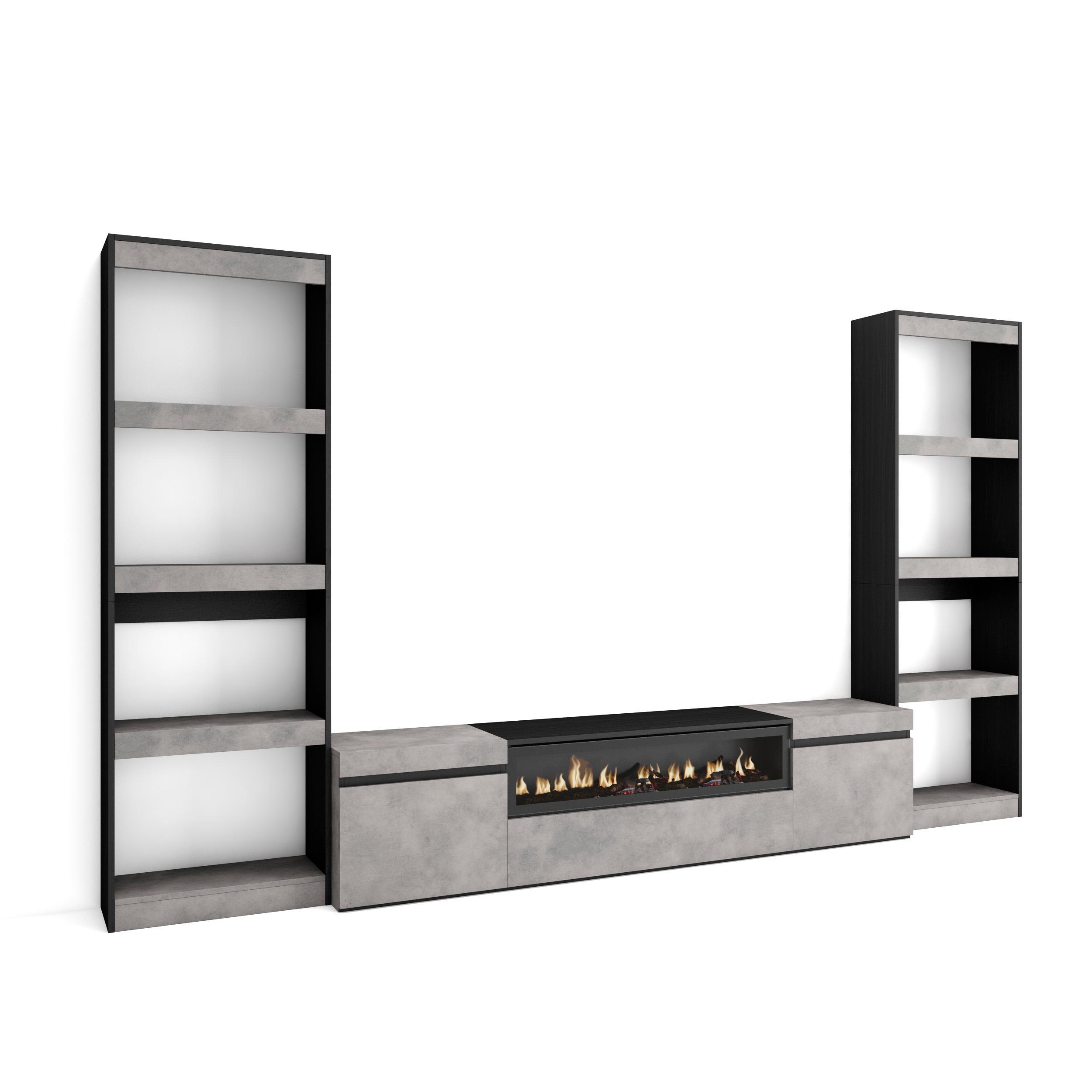 Skraut Home, Conjunto doble Estantería y Mueble TV con Fuego led efecto 3d, Veteado de madera Tacto poroso, 320x35x186cm