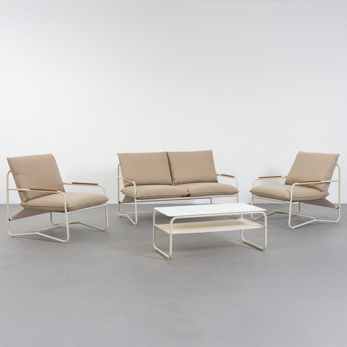 Conjunto de jardín Vesta con sofá, mesa y 2 sillones, desenfundable, de acero y cristal LOLAhome