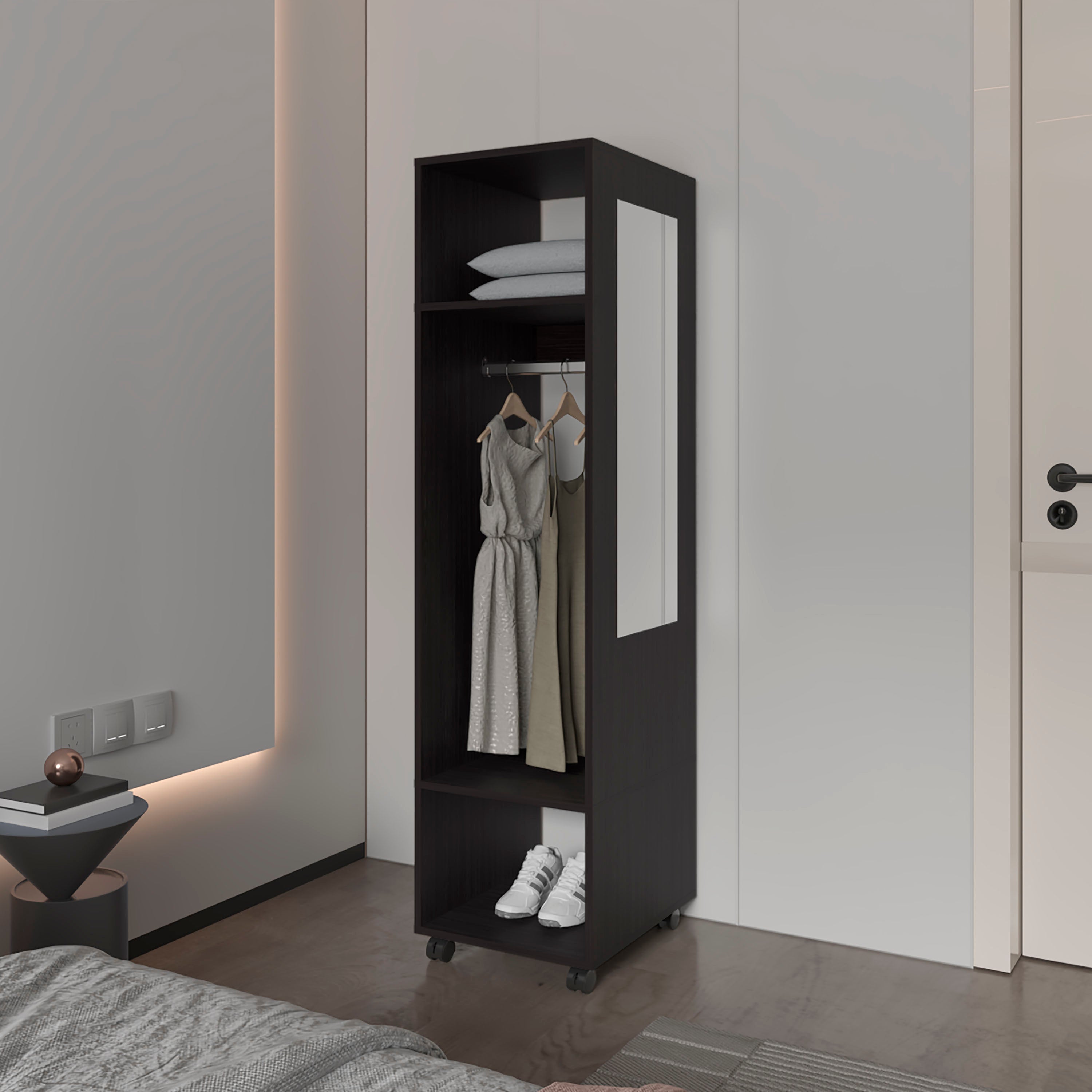 TUHOME Armario Kronospan en melamina , tres estantes , barra para colgar ropa y espejo incluido , Negro , 160 cm X 40 cm X 48 cm