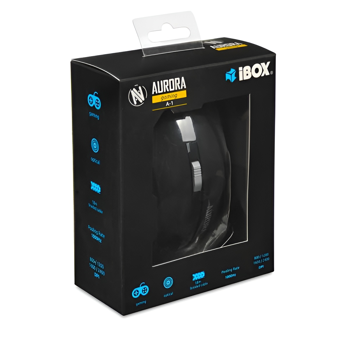 iBox Aurora A-1 Optical Gaming Mouse, 2400 DPI, USB Wired, Black, CE Certified, designed for right-handed users.