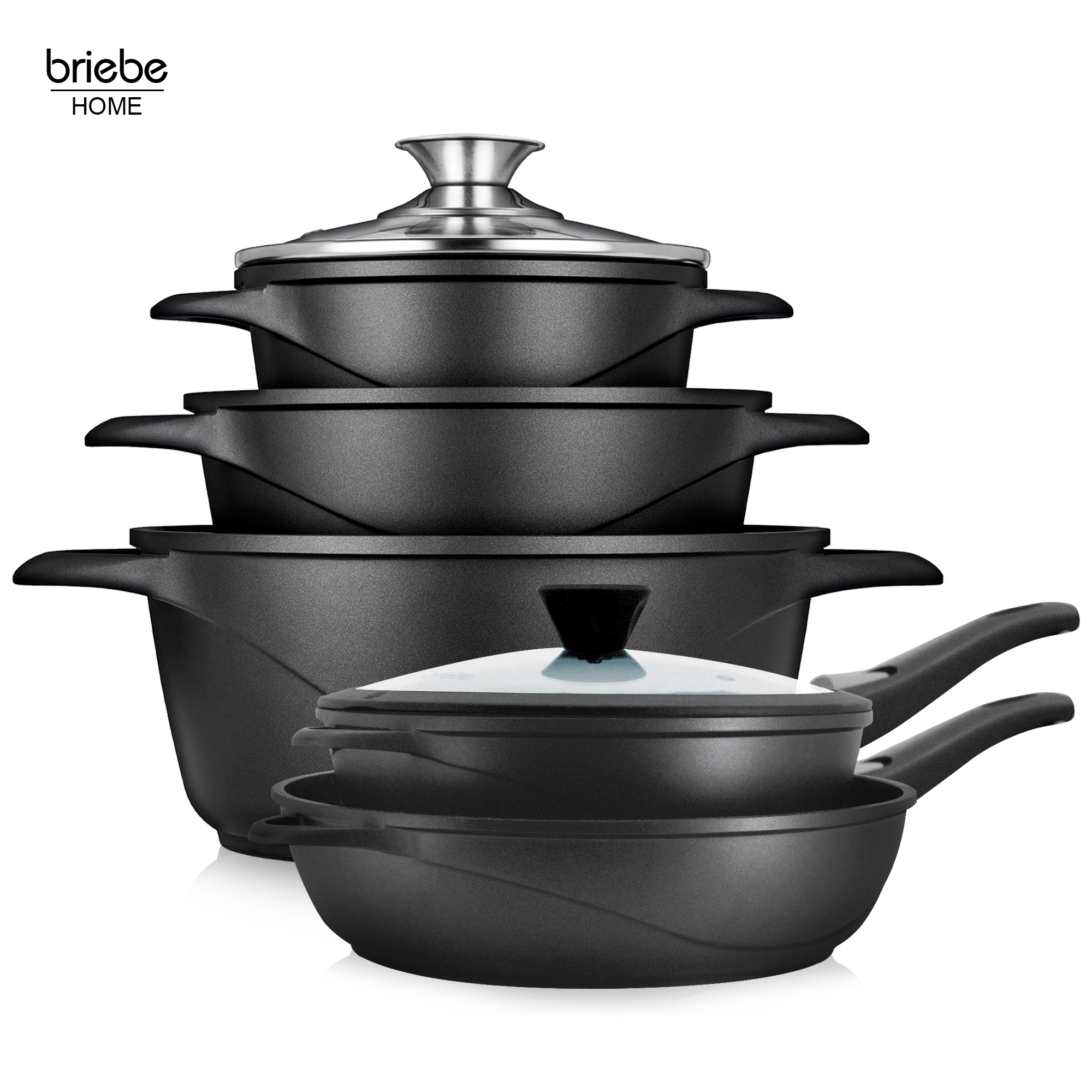 Briebe MGK1819 Batería de Cocina Inducción 10 Piezas Aluminio Fundido 3 Ollas 2 Sartenes Antiadherente Tapas, , Negro