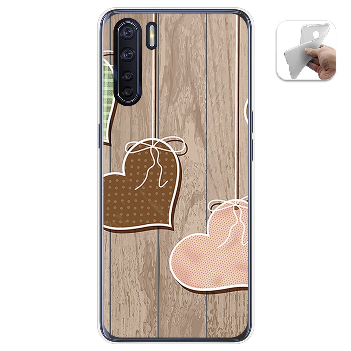 Tumundosmartphone Funda Gel Tpu para Oppo A91 diseño Corazones Madera Dibujos