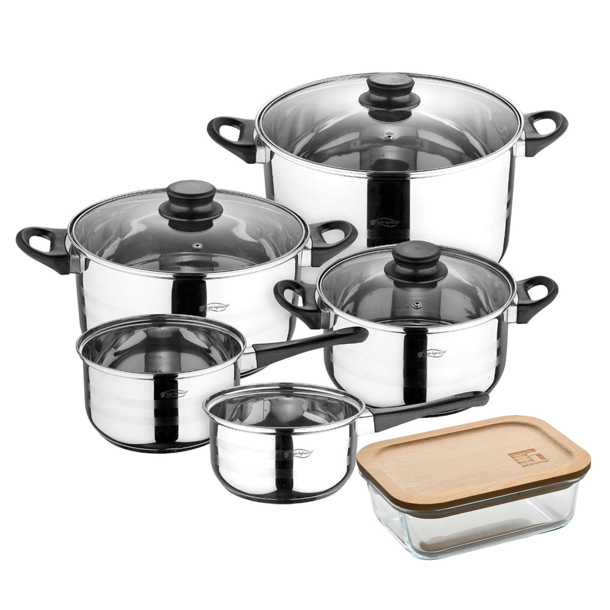 Batería de cocina de ocho piezas San Ignacio+  Delantal de Cocina Gris oscuro 100% Algodón 75x80cm de talla única SMART MasterPRO